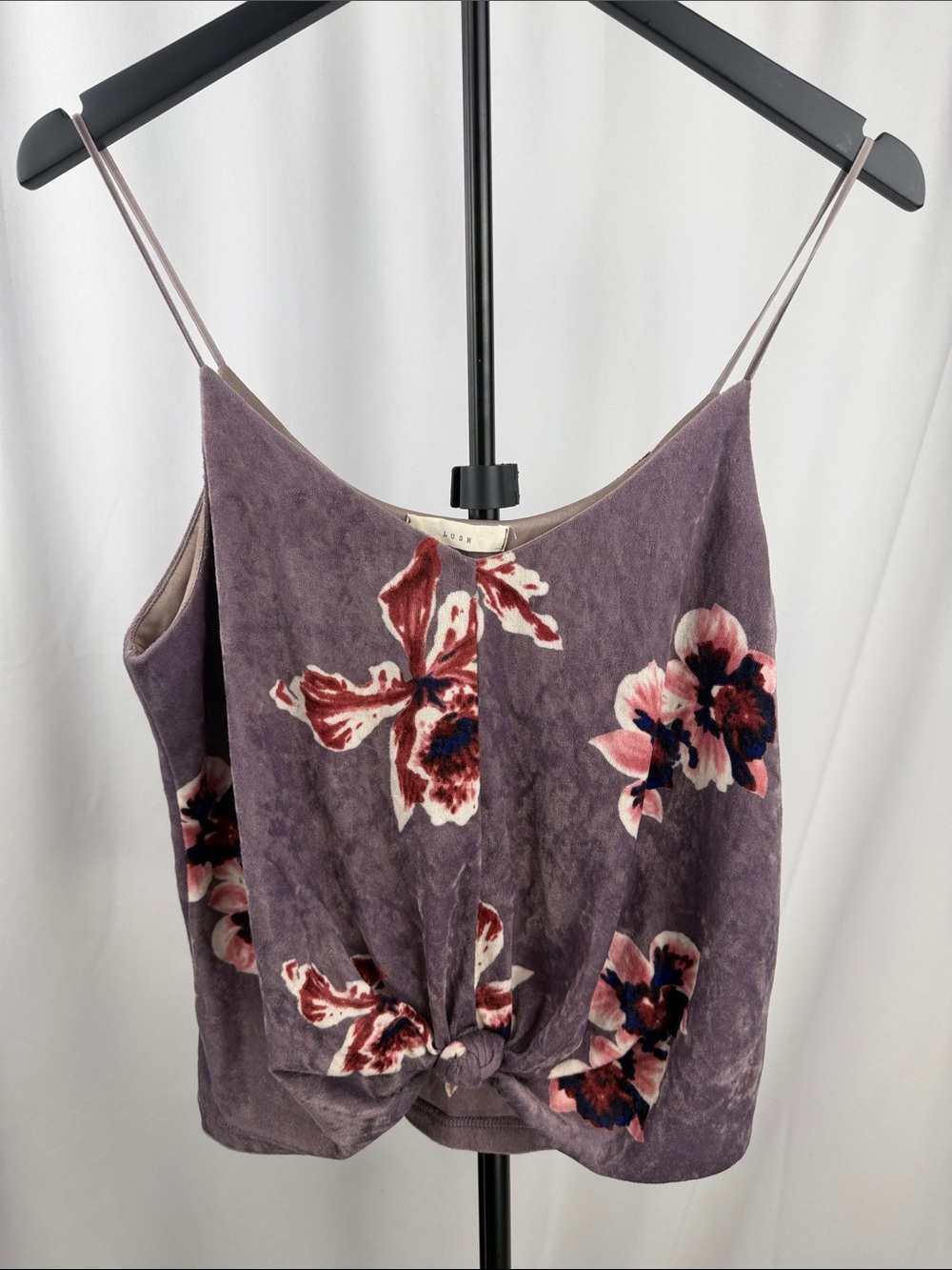 Lush Purple Floral Velvet Twist-Front Camisole Top